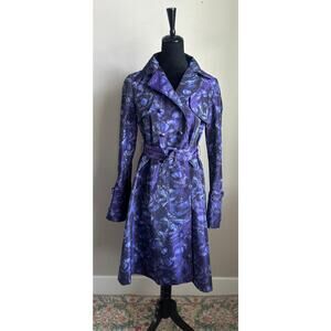 LELA ROSE Silk Watercolor Long Line Trench Coat in Dark Purple Size 2